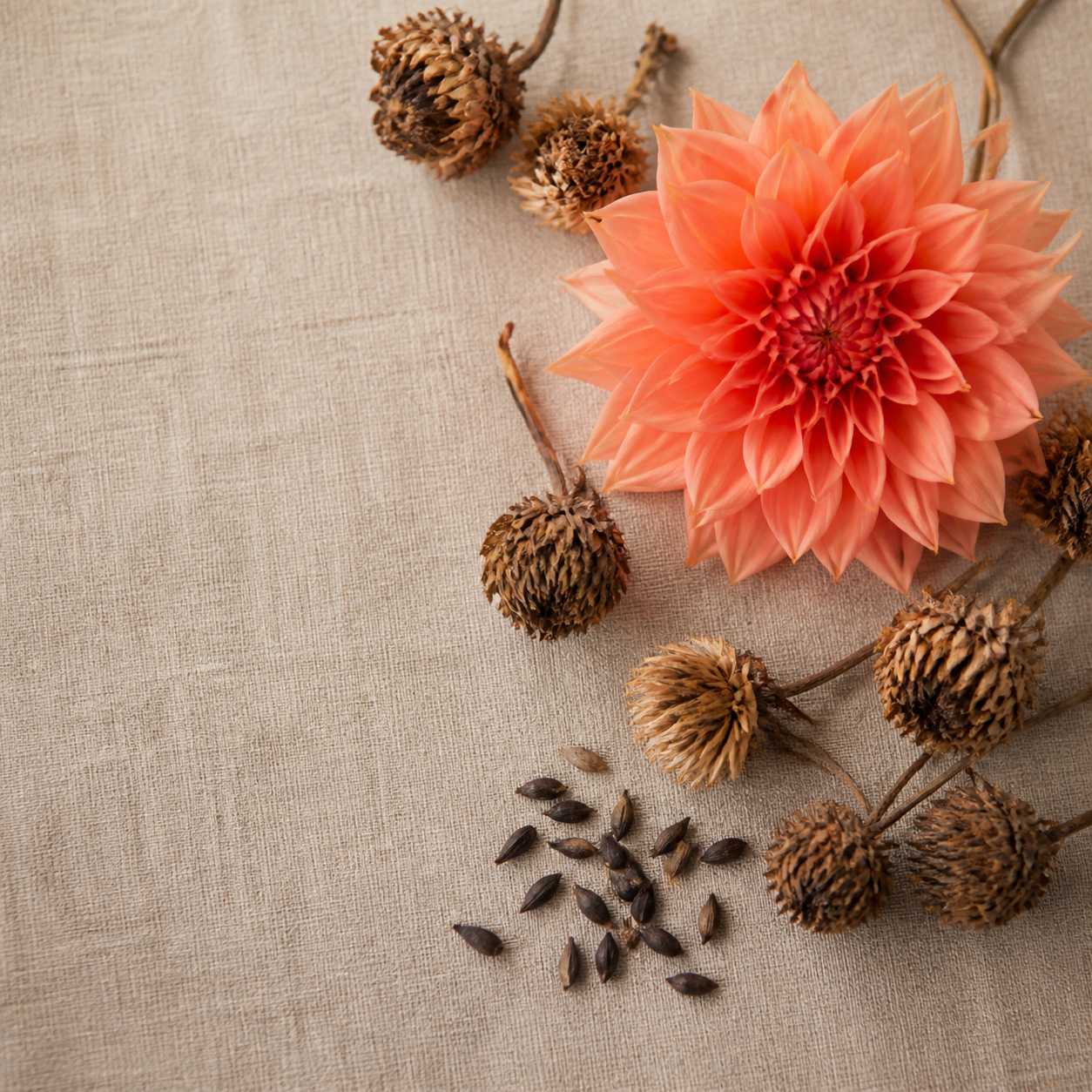 Dahlia seeds and dried seed heads