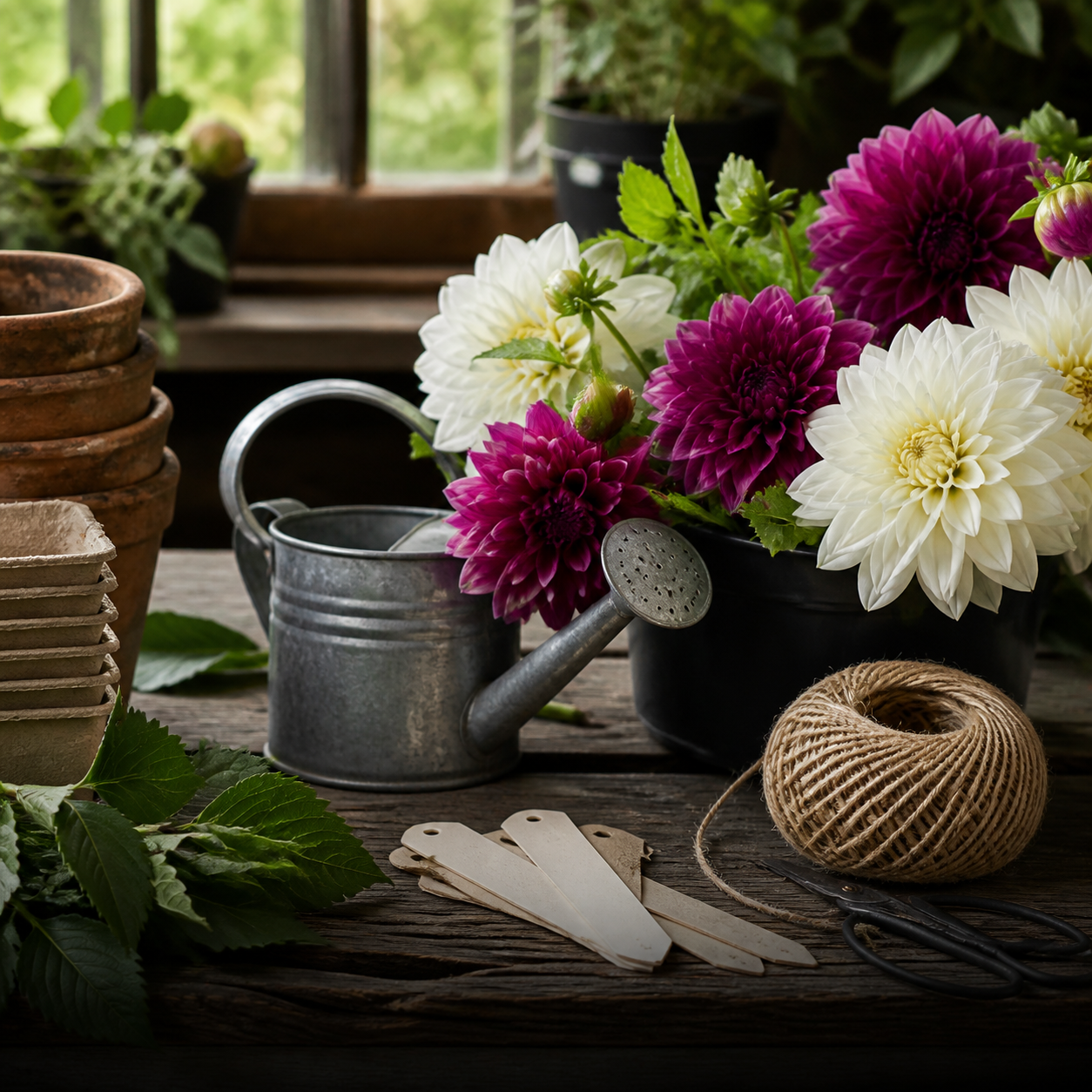 Garden tools arranged with fresh dahlias