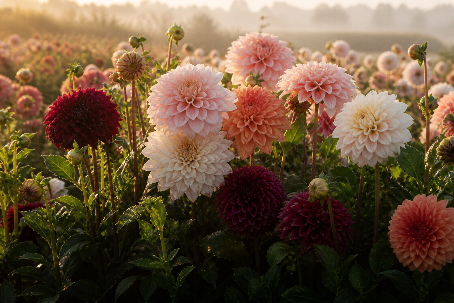 Dahlias growing in a flower field